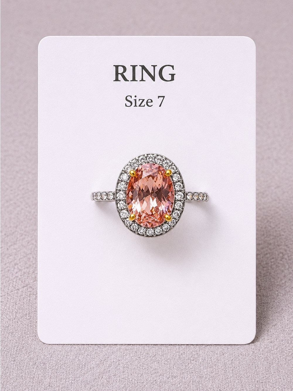 Pink Oval Halo Ring with Pavé Band - Size 7